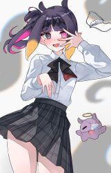 Rule 34 | 1girl, :d, @ @, absurdres, black ribbon, black skirt, blunt bangs, blush, collared shirt, colored inner hair, commentary, contrapposto, eyepatch, fang, glowing, glowing eyes, gradient hair, hand over eye, hand up, highres, hololive, hololive english, long sleeves, magui3, medical eyepatch, miniskirt, mole, mole under eye, multicolored hair, nail polish, neck ribbon, ninomae ina&#039;nis, ninomae ina&#039;nis (school uniform), official alternate costume, official alternate hairstyle, open mouth, orange hair, pink hair, plaid clothes, plaid skirt, pleated skirt, pointy ears, purple eyes, purple hair, purple nails, ribbon, school uniform, shirt, shirt tucked in, short hair, side ponytail, sidelocks, skirt, smile, solo, takodachi (ninomae ina&#039;nis), tentacle hair, white shirt