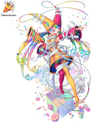 1girl :d absurdres belt belt_buckle bow bracelet buckle chain confetti detached_sleeves earrings frilled_skirt frilled_sleeves frills gun hair_bow handgun hat highres holding holding_gun holding_weapon instrument jack-in-the-box jack-in-the-box jester jester_cap jewelry long_hair looking_at_viewer midriff multicolored_eyes multicolored_hair open_mouth original party_popper pointy_footwear rainbow_hair rinotuna skirt smile solo teeth trumpet twintails upper_teeth_only weapon white_background