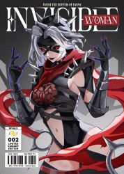 1girl armor bandaged_head bandages bclarissart black_leotard black_sclera breasts colored_sclera fantastic_four gloves grey_hair highleg highleg_leotard highres leotard long_hair looking_at_viewer malice_(sue_storm) marvel marvel_rivals red_eyes red_scarf scarf shoulder_spikes smile solo spiked_armor spiked_helmet spikes sue_storm