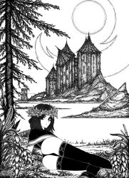 1girl black_eyes black_hair black_panties black_thighhighs castle grass greyscale highres long_hair ltstry monochrome outdoors panties plant serana signature solo the_elder_scrolls the_elder_scrolls_v:_skyrim thighhighs tree underwear