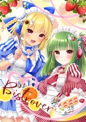 Rule 34 | 2girls, beatmania (series), beatmania iidx, beatmania iidx 28 bistrover, bemani, blonde hair, blue bow, blue dress, blunt bangs, blush, bow, braid, cake, cake slice, commentary request, dress, food, food-themed hair ornament, fork, fruit, green hair, hair ornament, headphones, highres, hishimiya tsugaru, holding, holding cake, holding food, holding fork, lemon, lemon slice, long hair, looking at viewer, multiple girls, official alternate costume, rabbit hair ornament, red dress, red eyes, red ribbon, ribbon, short hair, smile, stardrop, strawberry, strawberry cake, strawberry hair ornament, tan, two side up, xiatian (beatmania iidx)