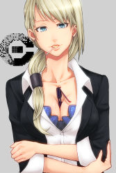 Rule 34 | 10s, 1girl, between breasts, blue eyes, bra, breast lift, breasts, c (control), candy, cleavage, crossed arms, earrings, female focus, food, formal clothes, highres, jennifer satou, jewelry, lace, lace-trimmed bra, lace trim, large breasts, lollipop, long hair, mouth hold, ponytail, sleeves rolled up, solo, suit, sunglasses, suzuki (pixiv1277943), underwear, white hair