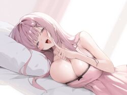 Rule 34 | 1girl, bare arms, bed, blue eyes, blush, breasts, cleavage, curtains, grey eyes, hair ornament, highres, index finger raised, indoors, large breasts, lingerie, long hair, looking at viewer, lying, nightgown, on side, original, pink hair, pink nightgown, sidelocks, smile, solo, teeth, underwear, upper teeth only, wind, x hair ornament, yuita (yuita17)