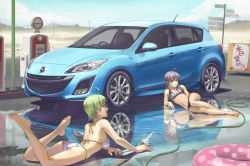 2girls ahoge ass bare_legs barefoot bikini car car_wash desert feet gas_pump gas_station glasses green_hair grey_hair hose innertube legs long_hair lying mazda mazda_3 md5_mismatch motor_vehicle multiple_girls navel on_side on_stomach original purple_hair red-framed_eyewear reflection resolution_mismatch short_hair side-tie_bikini_bottom source_larger swim_ring swimsuit tan_taka vehicle_focus water
