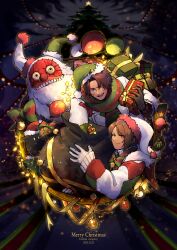 Rule 34 | 1boy, 1girl, absurdres, brown eyes, brown hair, christmas, christmas tree, dated, e.g.o (project moon), gift, gloves, gnome (project moon), green scarf, hat, heathcliff (project moon), highres, holding, holding gift, holiday (e.g.o), limbus company, long sleeves, looking at viewer, merry christmas, outis (project moon), project moon, sandolph (project moon), santa hat, scarf, short hair, sweater, white gloves, white hat, white sweater, yatsumeunagi