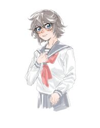 1girl black_sailor_collar blue_eyes brown_hair clothes_grab cropped_torso glasses hand_up highres jiguang_haibao long_sleeves miniskirt momijiyama_teru neckerchief pleated_skirt red_neckerchief sailor_collar school_uniform shirt_grab short_hair shy_(series) simple_background skirt solo teeth unsure