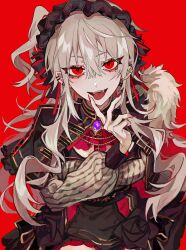 1girl :3 :d aegyo_sal arm_at_side ascot black_bow black_cape black_flower black_hairband black_rose black_skirt blonde_hair bow brown_shirt cape cowboy_shot cross-laced_clothes double-parted_bangs ear_piercing eyelashes fangs finger_to_cheek fingernails flower frilled_hairband frilled_skirt frills fur_trim genderswap genderswap_(mtf) gold_trim hair_between_eyes hairband hand_up hashtag-only_commentary highres kuroume_(aihikarikuroume24) leaning_forward long_hair long_sidelocks miniskirt mole mole_under_eye nail_polish nijisanji open_mouth piercing pointy_ears purple_brooch red_ascot red_background red_eyes red_nails ribbed_shirt rose sanya_(kuzuha) sharp_fingernails shirt side_ponytail sidelocks simple_background sitting skirt smile solo teeth tongue tongue_out tsurime upper_teeth_only upturned_eyes very_long_hair virtual_youtuber