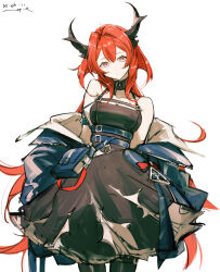1girl absurdres arknights bare_shoulders black_dress black_horns breasts cleavage closed_mouth commentary cowboy_shot dated dress english_commentary expressionless grey_eyes highres horns long_hair medium_breasts off_shoulder pppmepl red_hair red_pupils signature simple_background sketch solo standing strap surtr_(arknights) torn_clothes torn_dress very_long_hair white_background