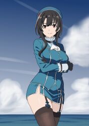 1girl absurdres beret black_gloves black_hair black_thighhighs blue_hat blue_sky bone_namu(namu49850) breasts cloud commentary_request contrail crossed_arms day garter_straps gloves hat highres horizon kantai_collection large_breasts looking_at_viewer military_uniform ocean outdoors red_eyes short_hair short_hair_with_long_locks sidelocks sky smile solo takao_(kancolle) thighhighs