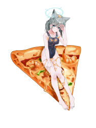 Rule 34 | 1girl, absurdres, animal ear fluff, animal ears, bare legs, barefoot, black one-piece swimsuit, blue archive, blue eyes, blue halo, blush, breasts, closed mouth, collarbone, covered navel, cross, cross hair ornament, extra ears, food, full body, gang shi shao e fan, grey hair, hair ornament, halo, hand on own thigh, hand up, highres, inverted cross, looking at viewer, medium breasts, mismatched pupils, official alternate costume, official alternate hairstyle, one-piece swimsuit, pizza, ponytail, shiroko (blue archive), shiroko (swimsuit) (blue archive), short hair, short ponytail, shrimp, simple background, sitting on food, smile, solo, swimsuit, thighs, toes, white background, wolf ears, wolf girl