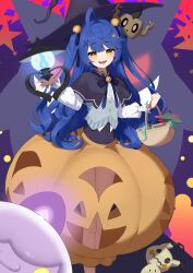 1girl absurdres ahoge amamiya_kokoro basket bell blue_hair blush capelet commentary_request creatures_(company) crossover dreepy flat_chest game_freak gen_5_pokemon gen_6_pokemon gen_7_pokemon gen_8_pokemon hair_bell hair_ornament halloween halloween_costume hat highres holding holding_basket in_basket in_container jingle_bell lampent litwick long_hair looking_at_viewer lunch_boxer mimikyu nijisanji nintendo open_mouth phantump pokemon pokemon_(creature) pumpkin_skirt shirt smile virtual_youtuber witch_hat yellow_eyes