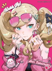 1girl absurdres bandaid bandaid_on_arm bibi_booom blonde_hair blue_eyes bow character_name cosmetics eyewear_on_head gyaru hair_bow hands_up highres holding holding_own_hair lipstick_tube persona persona_5 pink-tinted_eyewear pink_background simple_background smile_killer solo star_sticker sticker_on_face sunglasses takamaki_anne tinted_eyewear twintails upper_body villain_to_kill