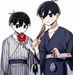 Rule 34 | 2boys, antenna hair, black eyes, black hair, black kimono, blush, bright pupils, collarbone, colored skin, holding candy apple, japanese clothes, kimono, looking at viewer, male focus, multiple boys, omori, omori (omori), open mouth, short hair, short sleeves, simple background, something (omori), striped clothes, striped kimono, sunny (omori), vertical-striped clothes, vertical-striped kimono, white background, white pupils, white skin, yutsu