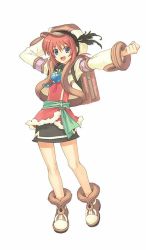 1girl :d alchemist arm_behind_head arm_up atelier_(series) atelier_lise blue_eyes boots cabbie_hat capelet clenched_hand feathers female_focus flask flat_chest full_body fur_trim gust hair_between_eyes hat jacket jewelry lander legs lisette lisette_lander looking_at_viewer miniskirt necklace official_art open_clothes open_jacket open_mouth outstretched_arm red_hair ring sash short_hair sidelocks simple_background skirt smile solo standing turtleneck watanuki_nao white_background wide_sleeves