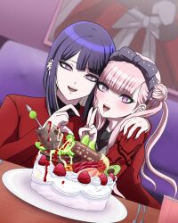 1boy 1girl :d avocado black_bow black_hairband black_sailor_collar bow bow_hairband brother_and_sister cake couch cup dessert dutch_angle ear_piercing fish_head food fruit gakuran grapes grey_streaks hair_bun hairband half-heart_hands hand_on_another&#039;s_shoulder hands_up happy_birthday highres indoors ive_(9fd7cjed8q89150) long_hair medium_hair open_mouth piercing pink_eyes pink_hair plate purple_hair red_serafuku sailor_collar school_uniform serafuku shrimp siblings smile spoon strawberry table the_hundred_line_-last_defense_academy- tsukumo_ima tsukumo_kako twins twintails v