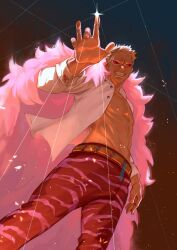 Rule 34 | 1boy, artist name, blonde hair, coat, cowboy shot, donquixote doflamingo, earrings, grin, highres, ikuman, jewelry, male focus, muscular, muscular male, one piece, open clothes, open shirt, pink coat, shirt, short hair, smile, solo, sparkle, sunglasses, thread, white shirt