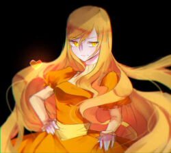 agate_lightvale black_background bright_pupils dress glitchtale long_hair orange_dress orange_eyes orange_hair undertale