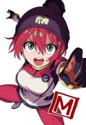 1girl amate_yuzuriha aqua_eyes beanie black_hat commentary_request gloves gundam gundam_gquuuuuux hair_between_eyes hat highres m-eiji mecha_pilot_suit normal_suit_(gundam) open_mouth pants print_hat red_hair red_pants simple_background solo v-shaped_eyebrows white_background