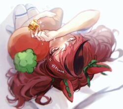 1girl animal_ears blush covering_own_mouth earrings horse_ears hugging_object jewelry looking_at_another looking_at_viewer looking_up lying medium_hair multicolored_hair nice_nature_(umamusume) on_back pillow pillow_hug red_eyes red_hair sekiyu_inu solo sparkle streaked_hair stuffed_carrot thighhighs translation_request twintails umamusume white_thighhighs