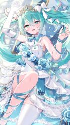 1girl aqua_bow aqua_eyes aqua_hair aqua_nails arm_up bare_shoulders blue_bow blush bow bowtie breasts dress elbow_gloves flower frilled_dress frills gloves hair_between_eyes hair_bow hatsune_miku highres long_hair looking_at_viewer medium_breasts miku_day open_mouth ribbon rose single_elbow_glove single_glove single_thighhigh sleeveless sleeveless_dress smile solo tattoo thighhighs tiara twintails urara_31_e very_long_hair vocaloid white_dress white_gloves white_thighhighs