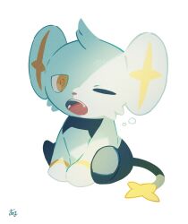 bubble full_body gen_4_pokemon highres nintendo no_humans omyo_(myomyomyo22) one_eye_closed open_mouth pokemon pokemon_(creature) pokemon_focus shinx signature sitting sleepy solo teeth tongue white_background yellow_eyes