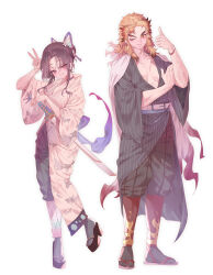 1boy 1girl absurdres black_hakama black_kimono blonde_hair blush butterfly_hair_ornament cape closed_mouth grey_socks grin hair_bun hair_ornament hakama highres holding holding_sword holding_weapon japanese_clothes katana kimetsu_no_yaiba kimono kochou_shinobu long_hair one_eye_closed parted_bangs platform_sandals purple_eyes purple_hair rengoku_kyoujurou sandals sidelocks smile socks striped_clothes striped_kimono sword thumbs_up torano v vertical-striped_clothes vertical-striped_kimono weapon white_cape white_kimono yellow_eyes