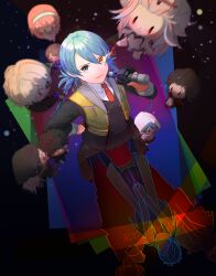1girl absurdres ai_the_somnium_files ai_the_somnium_files:_nirvana_initiative black_eyes black_gloves blue_hair boss_(ai_the_somnium_files) braid character_doll chieda_kizuna closed_mouth date_kaname doll flagkunnn full_body gloves heterochromia highres holding holding_lead_pipe kuranushi_mizuki lead_pipe long_hair looking_at_viewer low_twin_braids nadami_shouko okiura_mizuki okiura_renjuu ryuki_kuruto sagan_iris school_uniform sekiba_girls&#039;_high_school_uniform shadow smile solo spoilers tama_(ai_the_somnium_files) twin_braids very_long_hair yellow_eyes