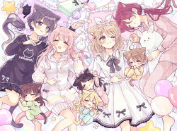 6+girls :d ;) absurdres animal_ear_fluff animal_ears arms_up bag balloon barefoot bed_sheet black_hair black_shirt blonde_hair blush brown_hair cat_ears cat_girl cat_tail chibi closed_eyes closed_mouth collared_dress collared_shirt commentary_request dress drooling eyes_visible_through_hair fang frilled_pillow frilled_shirt frills fushigi_na_neko_no_machi_meltier fuu_(fushigi_na_neko_no_machi_meltier) hair_ornament hair_over_one_eye hair_ribbon hairband hairclip haru_(fushigi_na_neko_no_machi_meltier) highres hime_(fushigi_na_neko_no_machi_meltier) hood hood_down hooded_jacket jacket long_hair low_ponytail low_twintails lying makia_(fushigi_na_neko_no_machi_meltier) mini_person minigirl moco_(fushigi_na_neko_no_machi_meltier) mouth_drool multiple_girls naa_(fushigi_na_neko_no_machi_meltier) nagi_(fushigi_na_neko_no_machi_meltier) on_back on_side one_eye_closed onesie open_mouth pajamas pants paper_bag parted_lips pennant pillow pink_hair pink_pajamas pink_pants pink_shirt ponytail purple_eyes red_hair ribbon rucora_(fushigi_na_neko_no_machi_meltier) sakura_oriko shirt smile star_(symbol) string_of_flags striped_clothes striped_jacket tail twintails very_long_hair white_dress white_hairband white_ribbon x_hair_ornament