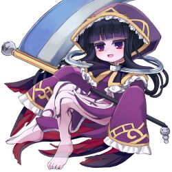1girl barefoot black_hair body_markings cloak colored_skin death_alma emil_chronicle_online frilled_cloak frilled_sleeves frills ghost ghost_girl holding holding_scythe hood hooded_cloak jakonnu open_mouth purple_cloak purple_eyes purple_skin scythe see-through_body shinigami white_background
