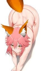 Rule 34 | 1girl, absurdres, animal ear fluff, animal ears, arind yudha, ass, back, back muscles, bare arms, bikini, blush, breasts, closed mouth, crawling, fate/extra, fate/grand order, fate (series), fox ears, fox girl, fox tail, highres, large breasts, medium hair, pink hair, side-tie bikini bottom, sidelocks, solo, string bikini, swimsuit, tail, tamamo (fate), tamamo no mae (fate/extra), tamamo no mae (swimsuit lancer) (fate), tamamo no mae (swimsuit lancer) (third ascension) (fate), thighs, white background