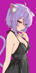 1girl :3 ahoge animal_ear_fluff animal_ears bare_arms black_dress breasts cat_ears cat_girl cat_tail cleavage closed_mouth crossed_bangs dr._junyaman dress hair_between_eyes hair_intakes half-closed_eyes halterneck highres hololive medium_breasts medium_hair nekomata_okayu purple_background purple_eyes purple_hair simple_background sketch sleeveless sleeveless_dress solo standing tail