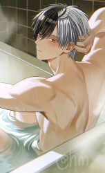 1boy back bathing bathroom bathtub black_eyes black_hair blush closed_mouth grey_hair hair_between_eyes highres hyohls2_(hamao3o) looking_at_viewer looking_back male_focus multicolored_hair sakura_haruka_(wind_breaker) short_hair solo topless_male two-tone_hair white_hair wind_breaker_(nii_satoru) yellow_eyes