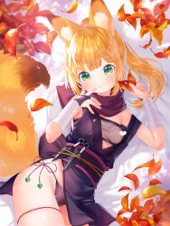 1girl animal_ear_fluff animal_ears autumn_leaves bare_shoulders blonde_hair breasts censored closed_mouth commentary_request fishnets fox_ears fox_girl fox_tail green_eyes hands_up heart heart_censor highres kunai leaf loli long_hair mutou_mato ninja obi original panties ponytail purple_panties sash side-tie_panties small_breasts solo tail textless_version underwear weapon