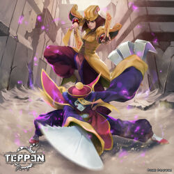 2girls asian blue_hair blue_skin blush_stickers bracelet breasts brown_eyes brown_hair building capcom chinese_clothes city claw_(weapon) cleavage cleavage_cutout clothing_cutout colored_skin darkstalkers darkstalkers_3 day destruction fighting_stance hat highres holding_ofuda hsien-ko jewelry jiangshi loincloth looking_at_viewer medium_breasts mei-ling_(darkstalkers) multiple_girls official_art ofuda ofuda_on_hat purple_hair serrated_sword shiyuu_(shiyu) siblings sisters sword talisman teppen undead weapon