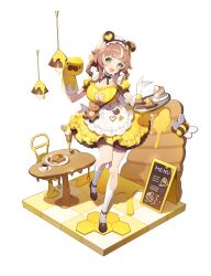 +_+ 1girl :d animal_ears apron bear_cutout bear_ears bee beehive breasts brooch brown_footwear brown_hair bug cake cake_slice ceiling_light chair cleavage cleavage_cutout clothing_cutout coffee cup dessert disposable_cup dora_(eversoul) dress eversoul fake_animal_ears food frilled_apron frilled_dress frills full_body game_cg gloves green_eyes heart heart_brooch highres holding holding_plate honey honeycomb_(pattern) ice_cream insect jewelry kneehighs large_breasts leg_up looking_at_viewer looking_to_the_side maid maid_apron maid_headdress menu_board multicolored_hair official_alternate_costume official_alternate_hairstyle official_art open_mouth pancake plate short_sleeves smile socks solo standing streaked_hair stuffed_animal stuffed_toy table tachi-e teacup teddy_bear transparent_background white_socks yellow_dress yellow_gloves