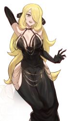 1girl absurdres arm_behind_back arm_up armpits asymmetrical_bangs bare_shoulders black_dress black_gloves blonde_hair breasts cleavage collarbone commentary cynthia_(pokemon) dress english_commentary gloves hair_over_one_eye highres hip_vent in_the_dress_(meme) jewelry large_breasts long_hair meme meme_attire modakawa_dress nintendo open_mouth pokemon pokemon_dppt ryairyai solo swept_bangs white_background