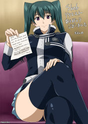 1girl black_hair black_order_uniform black_panties black_thighhighs breasts closed_mouth commission crossed_legs d.gray-man earrings highres jewelry lenalee_lee long_hair looking_at_viewer moeshino panties purple_eyes skeb_commission skirt smile solo thighhighs twintails underwear