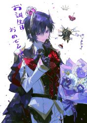 Rule 34 | 1boy, artist name, ascot, belt, black ascot, black cape, black hair, blue gemstone, brooch, cape, center frills, chibi, chibi inset, closed mouth, code geass, confetti, cowboy shot, crown, daisy, demon boy, demon horns, flower, frills, gawain (code geass), gem, grey horns, hair between eyes, hand on own chin, hand up, happy, heart, horns, inair, jacket, japanese text, jewelry, lelouch vi britannia, long sleeves, looking at viewer, male focus, mecha, mini crown, pants, paper clip, purple eyes, red crown, red flower, red rose, robot, rose, short hair, sidelocks, signature, simple background, smile, solo, standing, string of flags, stroking own chin, tilted headwear, translation request, twitter username, v-shaped eyebrows, white background, white flower, white jacket, white pants, yellow crown