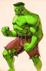 Rule 34 | 1990s (style), 1boy, 2000, absurdres, bengus, capcom, clenched hands, colored skin, game cg, green hair, green skin, highres, hulk, male focus, marvel, marvel vs. capcom, marvel vs. capcom 2, muscular, muscular male, non-web source, official art, retro artstyle, scan, short hair, solo, torn clothes