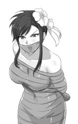 bare_shoulders bound final_fantasy final_fantasy_vii final_fantasy_vii_rebirth final_fantasy_vii_remake flower glaring greyscale hair_flower hair_ornament highres looking_at_viewer lost_one_zero monochrome sweat tape tape_bondage tifa_lockhart tifa_lockhart_(shining_spirit)
