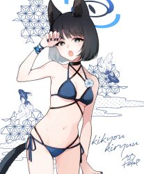 Rule 34 | 1girl, animal ears, arm up, armpits, bare shoulders, bikini, black bikini, black choker, black hair, black nails, blue archive, blue bikini, breasts, bright pupils, cat ears, cat girl, cat tail, choker, cowboy shot, criss-cross halter, flower, grey eyes, halo, halterneck, highres, kikyou (blue archive), kikyou (swimsuit) (blue archive), layered bikini, looking at viewer, nail polish, navel, official alternate costume, peke (xoxo melon), short hair, side-tie bikini bottom, small breasts, solo, stomach, string bikini, swimsuit, tail, thighs, white flower