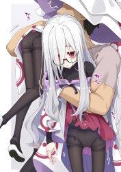 1boy 2girls ass black_hair carrying carrying_person doll_joints dress expressionless glasses highres joints long_hair melc_(ogami_kazuki) multiple_girls ogami_kazuki original panties panties_under_pantyhose pantyhose pink_eyes underwear very_long_hair white_hair