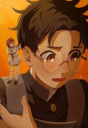 1boy 1girl averting_eyes ayase_momo backpack bag black_choker black_hair black_jacket blush brown_eyes brown_hair choker commentary_request dandadan ear_blush full_body gakuran glasses gradient_background highres jacket looking_at_another male_focus messy_hair mini_person minigirl moufu_00 neckerchief on_shoulder open_mouth pleated_skirt round_eyewear school_uniform serafuku short_hair short_sleeves skirt standing sunset sweat takakura_ken_(dandadan) twitter_username upper_body white_neckerchief white_serafuku white_skirt