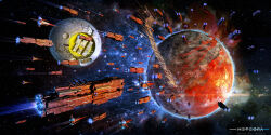 3d arsenixc artist_name commentary commentary_request copyright_name copyright_notice english_commentary highres lens_flare meteora mixed-language_commentary nebula no_humans planet planetary_ring scenery science_fiction space space_station spacecraft star_(sky)