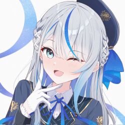 1girl amagai_ruka beret blue_hair blue_hat blue_jacket collared_shirt commentary gloves grey_hair hat highres jacket looking_at_viewer multicolored_hair one_eye_closed shirt smile solo streaked_hair tsukki v virtual_youtuber weather_planet white_gloves white_shirt