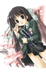 Rule 34 | 1girl, 2000s (style), bad id, black eyes, black hair, black necktie, black skirt, blazer, blush, book, cherry blossoms, collared shirt, cowboy shot, dutch angle, graduation, green jacket, holding, holding book, jacket, long hair, long sleeves, looking at viewer, lowres, mima chi, necktie, open mouth, original, petals, school uniform, shirt, skirt, smile, solo, tears, white shirt, wiping tears