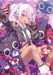 1girl ;d black_gloves black_jacket black_nails black_necktie blurry blush box cherry collared_shirt commentary_request confetti cookie copyright_notice cupcake depth_of_field fang fingerless_gloves fishnet_pantyhose fishnets food fruit gift gift_box gloves gradient_hair hair_ornament hairclip heart heart_necklace holding holding_phone jacket jewelry matsukai_mao matsukai_mao_(4th_costume) medium_hair misumi_(macaroni) multicolored_hair multicolored_nails necklace necktie nijisanji official_art one_eye_closed open_clothes open_jacket open_mouth pantyhose phone pink_eyes pink_hair red_nails sample_watermark shirt single_leg_pantyhose sitting smile solo streaked_hair tongue twintails virtual_youtuber watermark white_hair white_shirt wing_hair_ornament