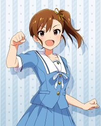 Rule 34 | 1girl, aqua background, aqua ribbon, aqua shirt, aqua skirt, blush, brown eyes, brown hair, card (medium), cowboy shot, futami mami, hand up, idolmaster, idolmaster (classic), idolmaster million live!, idolmaster million live! theater days, looking at viewer, official art, open mouth, pleated skirt, ribbon, sailor collar, shirt, short hair, side ponytail, skirt, smile, solo, star (symbol), summer junior highschool (idolmaster), summer uniform series (idolmaster), white sailor collar