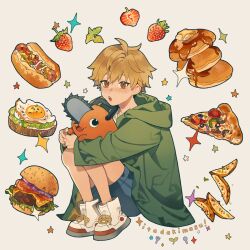 1boy :d :o aged_down ahoge blonde_hair blue_shorts blush boots bread bread_slice brown_eyes burger butter chainsaw_man commentary denji_(chainsaw_man) egg_(food) english_commentary fangs food fried_egg fried_egg_on_toast fruit green_jacket hair_between_eyes highres hood hood_down hooded_jacket hot_dog jacket leaf lettuce long_sleeves looking_at_viewer male_focus misu_025 onion open_clothes open_jacket open_mouth pancake pizza pizza_slice pochita_(chainsaw_man) potato_wedges shirt short_hair shorts simple_background smile star_(symbol) strawberry syrup toast tomato tomato_slice white_background white_footwear white_shirt