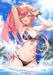 1girl :d adjusting_eyewear arm_behind_head armpits arms_up bikini black_bikini blue_sky breasts cleavage commentary_request cowboy_shot day eyewear_on_head fang front-tie_bikini_top front-tie_top gluteal_fold hair_between_eyes high_ponytail highres long_hair looking_at_viewer medium_breasts multi-strapped_bikini_bottom multi-strapped_bikini_top navel nekota_tsuna open_mouth orange-tinted_eyewear outdoors paint_splatter partially_underwater_shot pink_hair ponytail side-tie_bikini_bottom sidelocks sky smile solo standing stomach string_bikini sunglasses swimsuit tinted_eyewear vspo! wading water yellow_eyes z.m._(zimin)